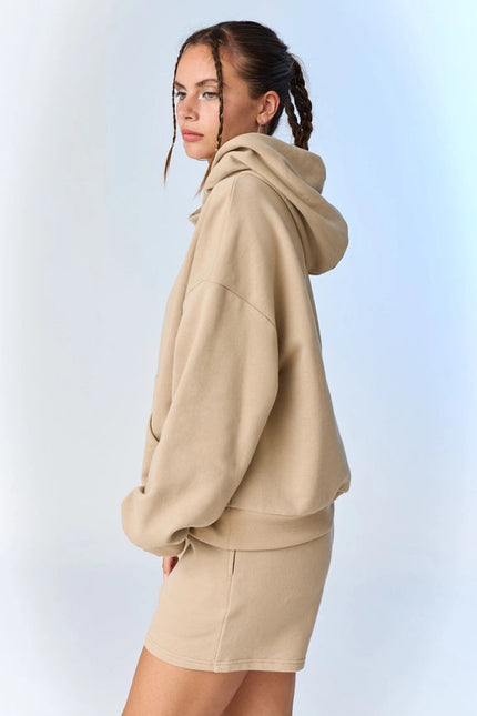 Esther Loose Fit Hooded Sweatshirt and Sweatshorts Set Taupe