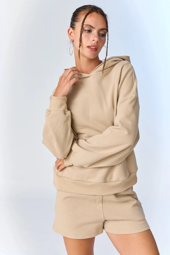 Esther Loose Fit Hooded Sweatshirt and Sweatshorts Set Taupe