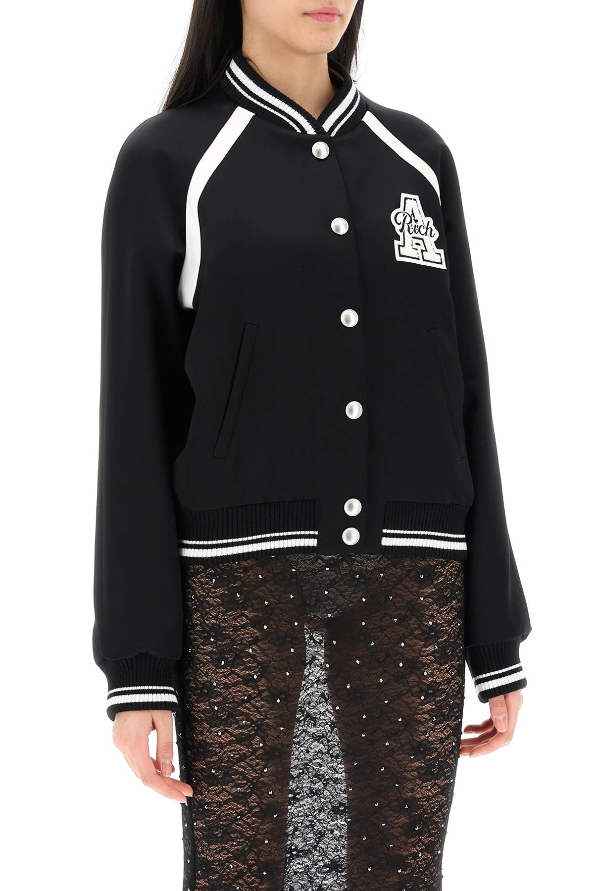 Alessandra Rich Satin Bomber Jacket With Logo Patch-Alessandra Rich-Urbanheer