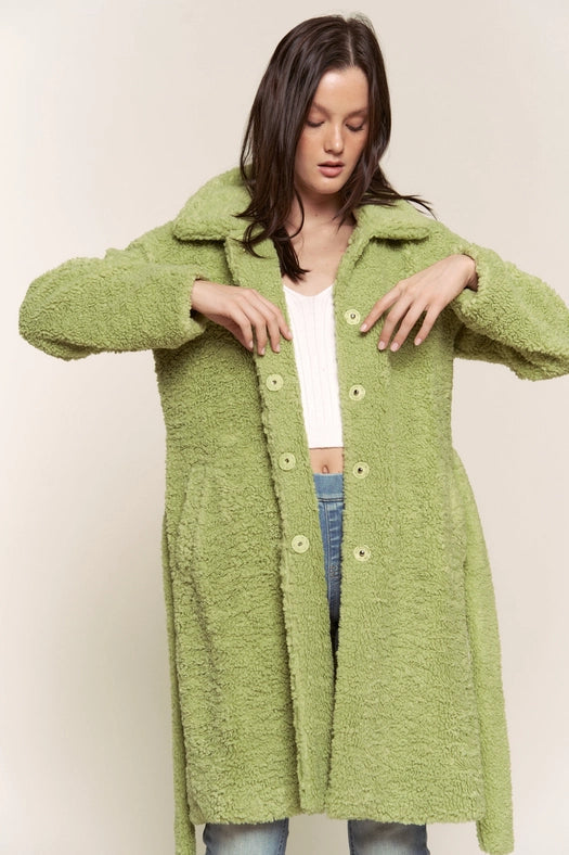 Faux Fur Belted Midi Length Jacket GREEN