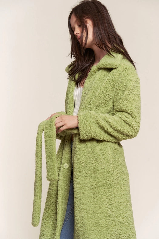 Faux Fur Belted Midi Length Jacket GREEN