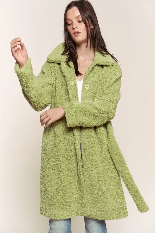 Faux Fur Belted Midi Length Jacket GREEN