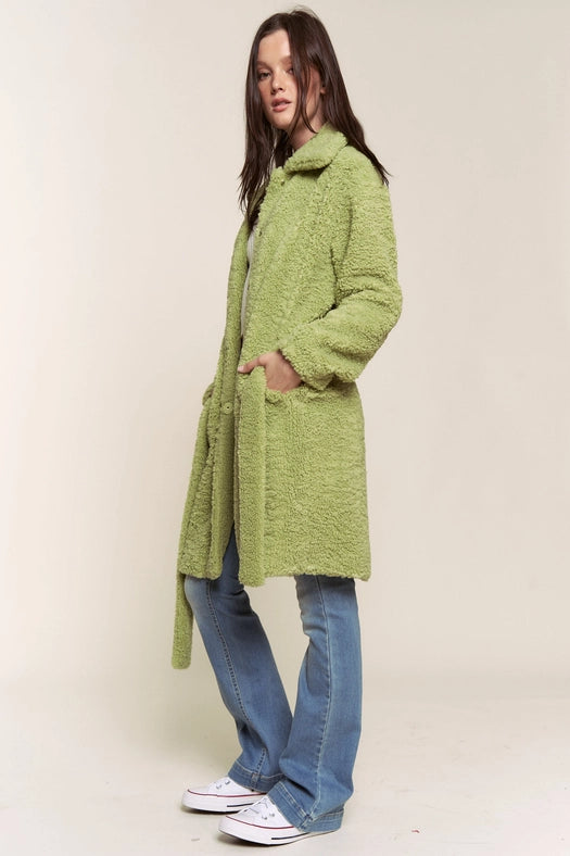 Faux Fur Belted Midi Length Jacket GREEN