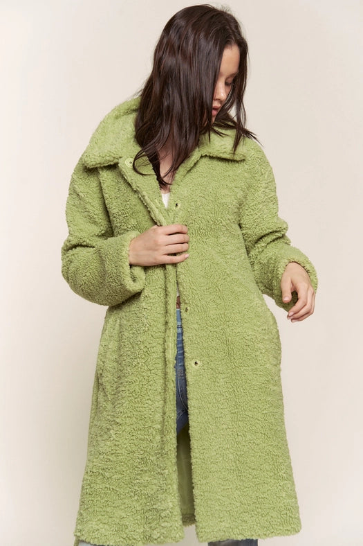 Faux Fur Belted Midi Length Jacket GREEN