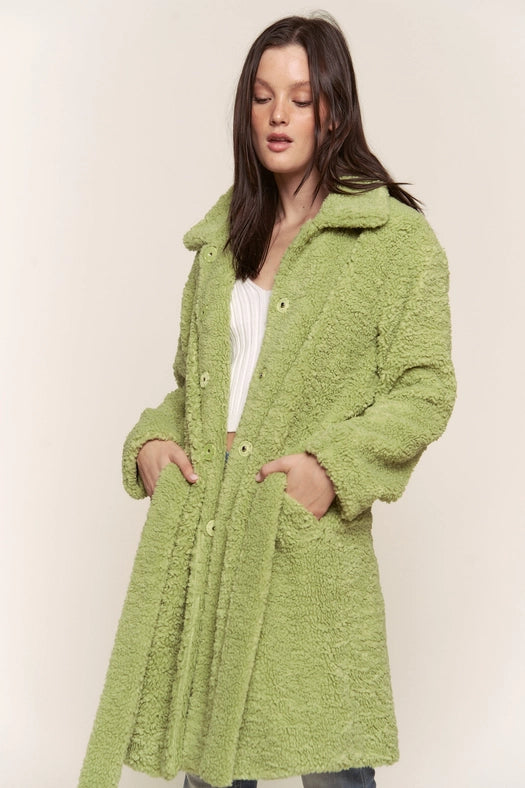 Faux Fur Belted Midi Length Jacket GREEN