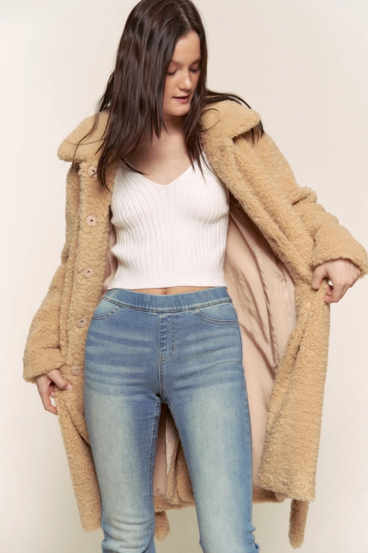 Faux Fur Belted Midi Length Jacket TAUPE