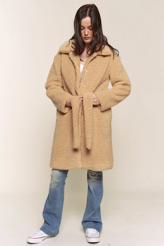 Faux Fur Belted Midi Length Jacket TAUPE