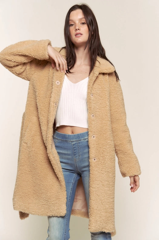 Faux Fur Belted Midi Length Jacket TAUPE