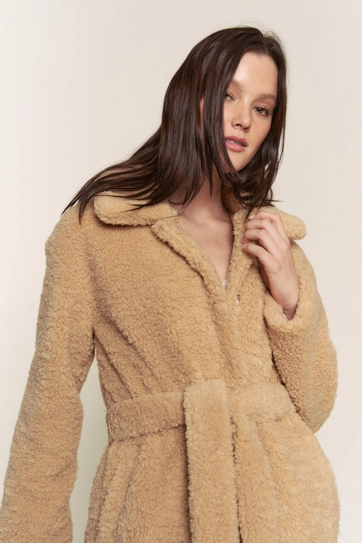 Faux Fur Belted Midi Length Jacket TAUPE