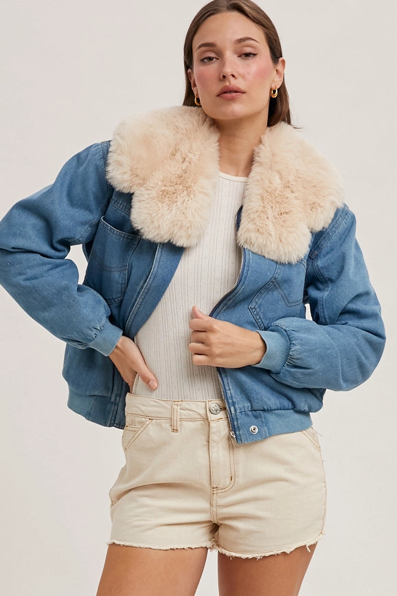 Faux Fur Detachble Denim Jacket