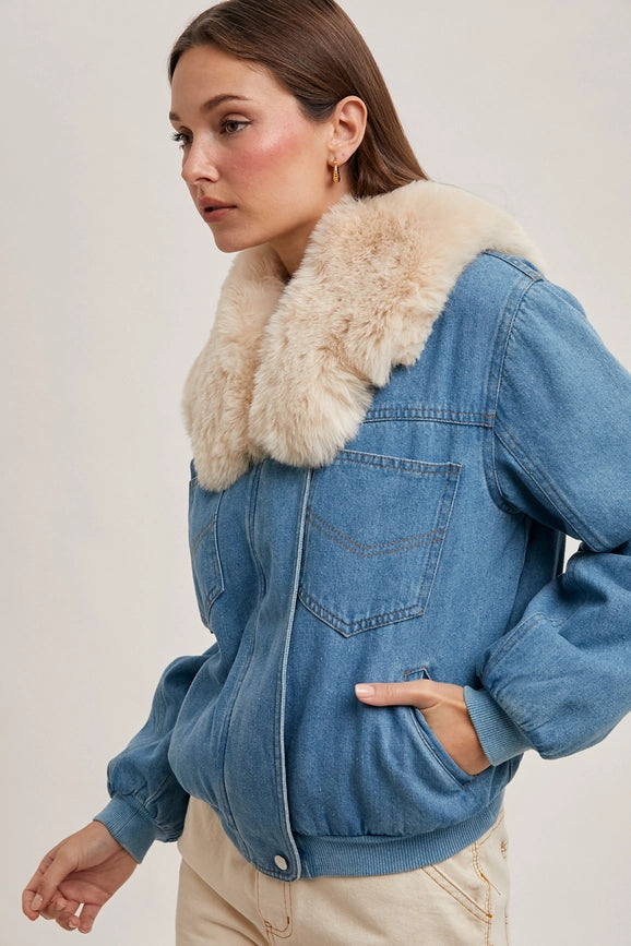 Faux Fur Detachble Denim Jacket