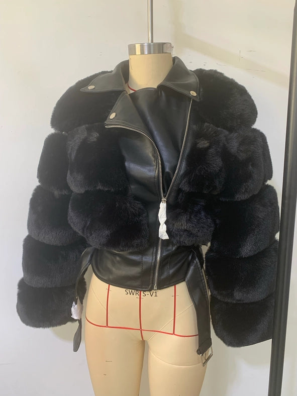 Faux Fur & Plaid Pu Leather Jacket - Women’S Fashion