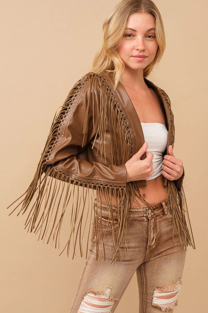 Faux Leather Braided Fringe Open Crop Jacket