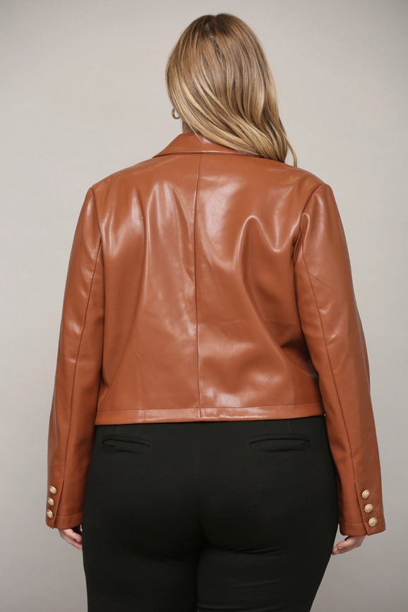 Faux Leather Double-Breasted Crop Jacket