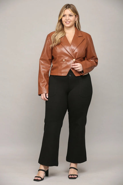 Faux Leather Double-Breasted Crop Jacket