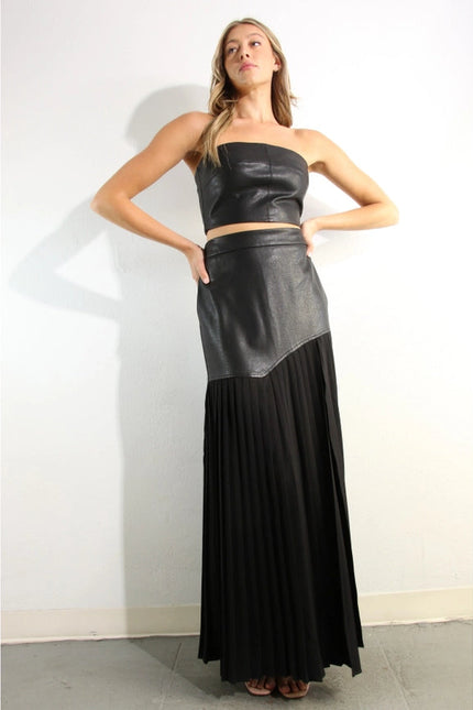 Faux Leather Top And Pleated Slit Skirt Set BLACK/BLACK