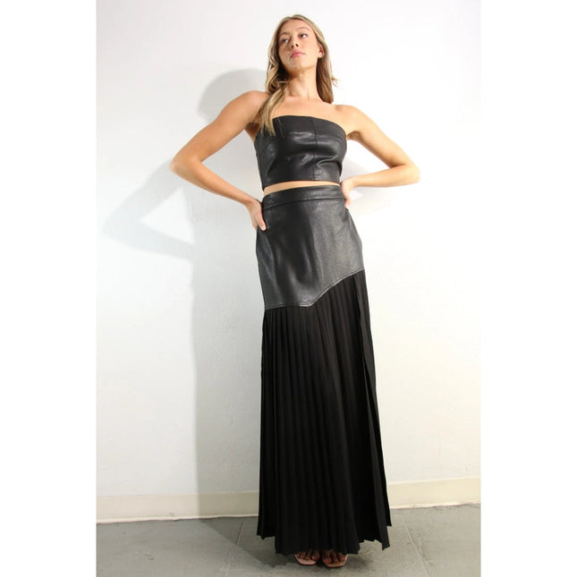 Faux Leather Top And Pleated Slit Skirt Set BLACK/BLACK