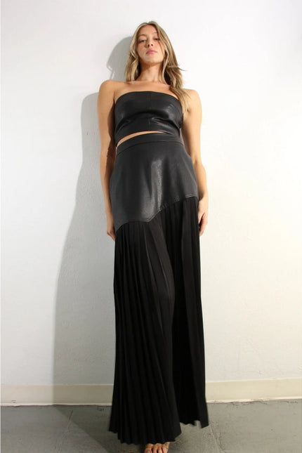 Faux Leather Top And Pleated Slit Skirt Set BLACK/BLACK