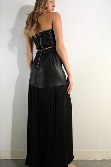 Faux Leather Top And Pleated Slit Skirt Set BLACK/BLACK