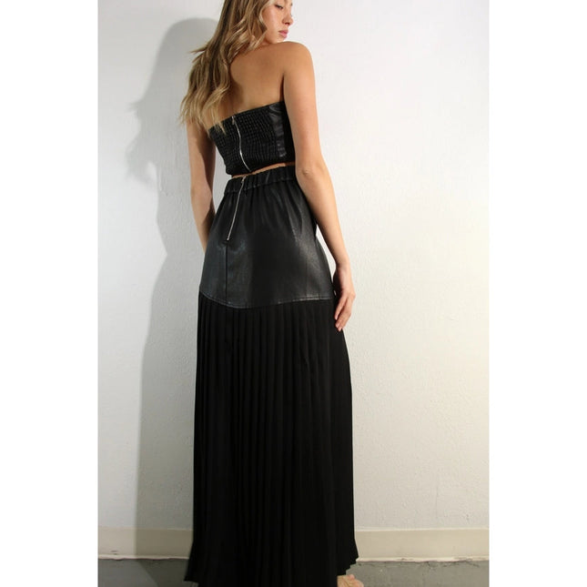 Faux Leather Top And Pleated Slit Skirt Set BLACK/BLACK