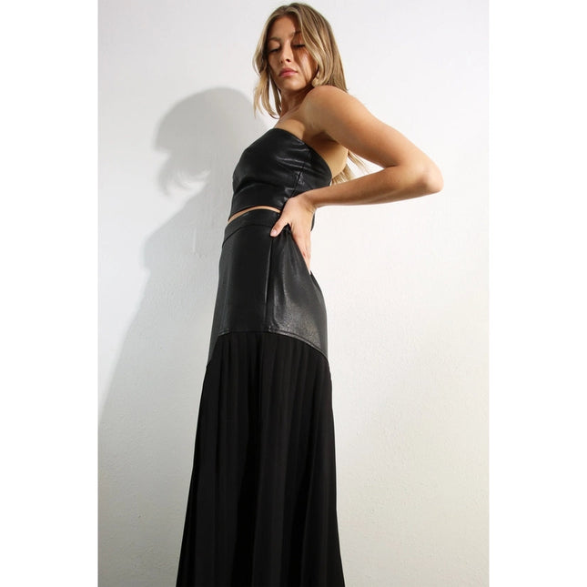 Faux Leather Top And Pleated Slit Skirt Set BLACK/BLACK