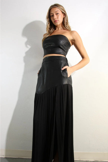 Faux Leather Top And Pleated Slit Skirt Set BLACK/BLACK