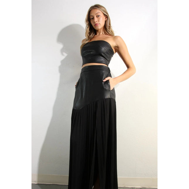 Faux Leather Top And Pleated Slit Skirt Set BLACK/BLACK