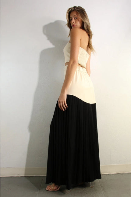 Faux Leather Top And Pleated Slit Skirt Set CREAM/BLACK