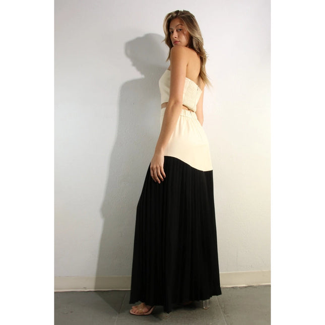 Faux Leather Top And Pleated Slit Skirt Set CREAM/BLACK