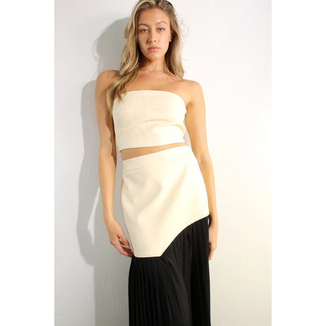 Faux Leather Top And Pleated Slit Skirt Set CREAM/BLACK