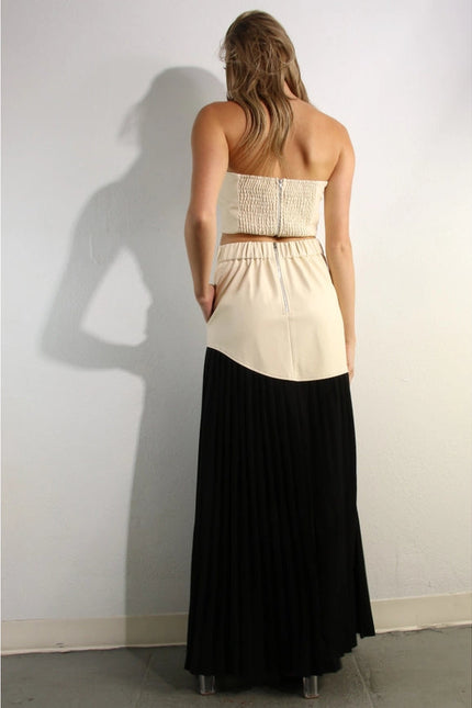 Faux Leather Top And Pleated Slit Skirt Set CREAM/BLACK