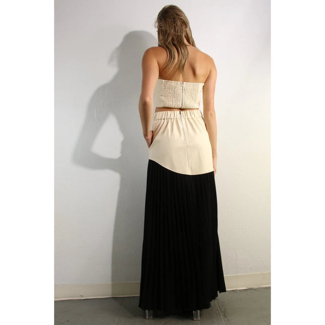 Faux Leather Top And Pleated Slit Skirt Set CREAM/BLACK