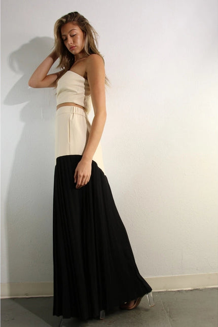 Faux Leather Top And Pleated Slit Skirt Set CREAM/BLACK