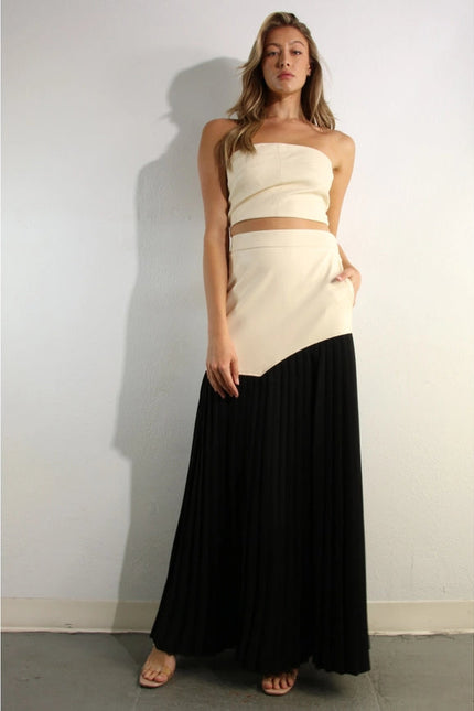 Faux Leather Top And Pleated Slit Skirt Set CREAM/BLACK