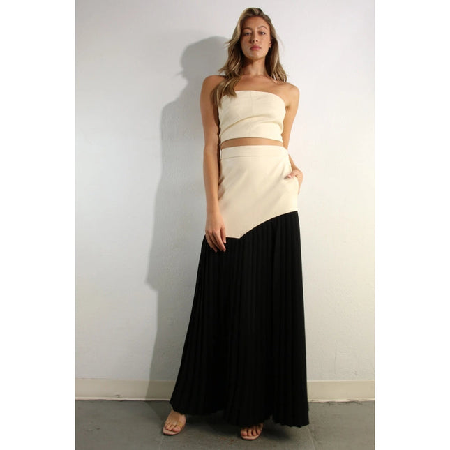 Faux Leather Top And Pleated Slit Skirt Set CREAM/BLACK