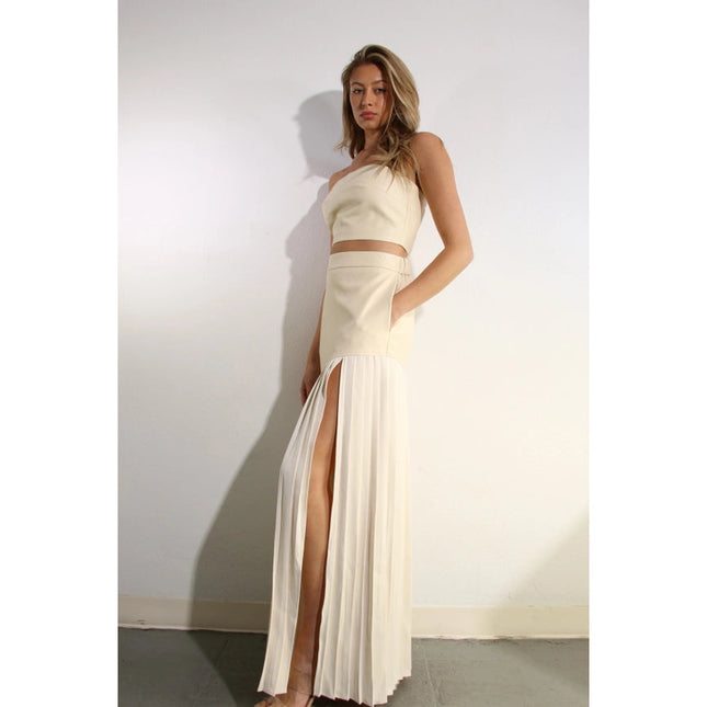 Faux Leather Top And Pleated Slit Skirt Set CREAM/CREAM