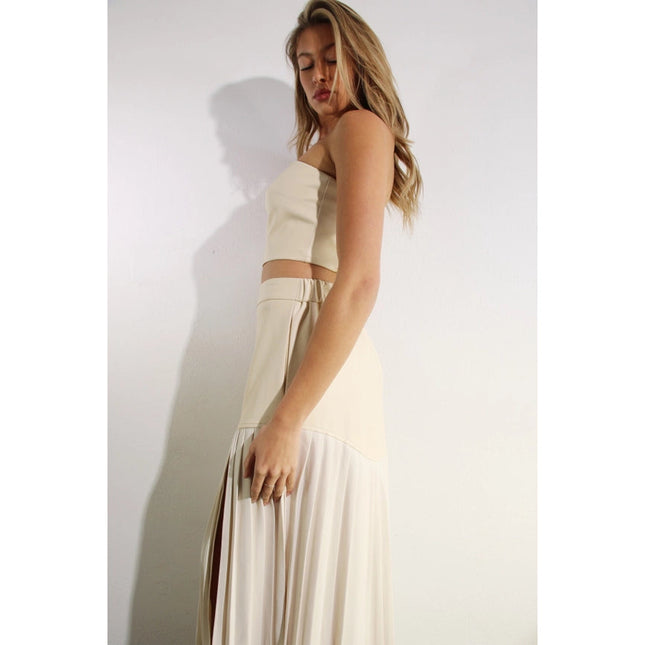 Faux Leather Top And Pleated Slit Skirt Set CREAM/CREAM