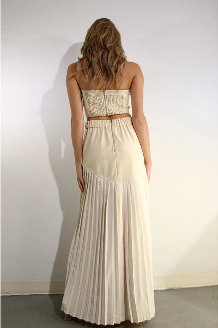 Faux Leather Top And Pleated Slit Skirt Set CREAM/CREAM