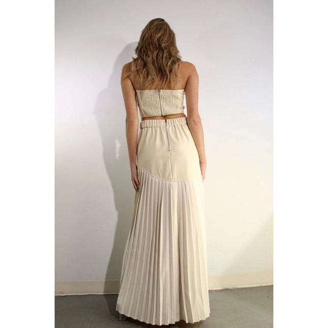 Faux Leather Top And Pleated Slit Skirt Set CREAM/CREAM