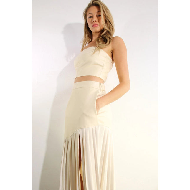 Faux Leather Top And Pleated Slit Skirt Set CREAM/CREAM