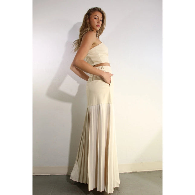 Faux Leather Top And Pleated Slit Skirt Set CREAM/CREAM