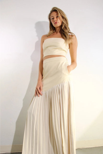 Faux Leather Top And Pleated Slit Skirt Set CREAM/CREAM