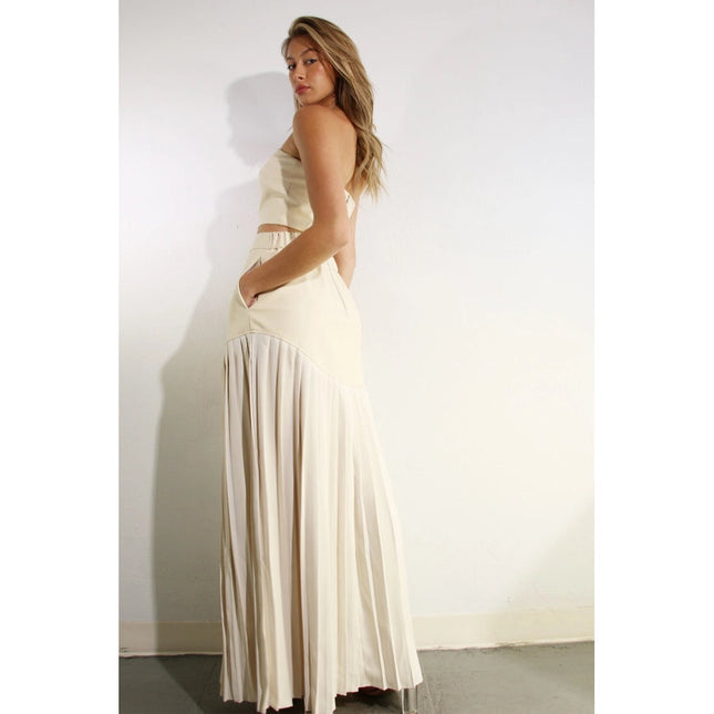 Faux Leather Top And Pleated Slit Skirt Set CREAM/CREAM