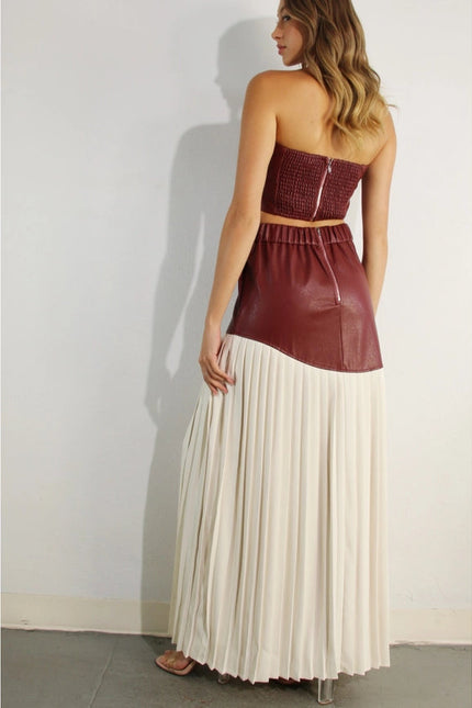 Faux Leather Top And Pleated Slit Skirt Set WINE