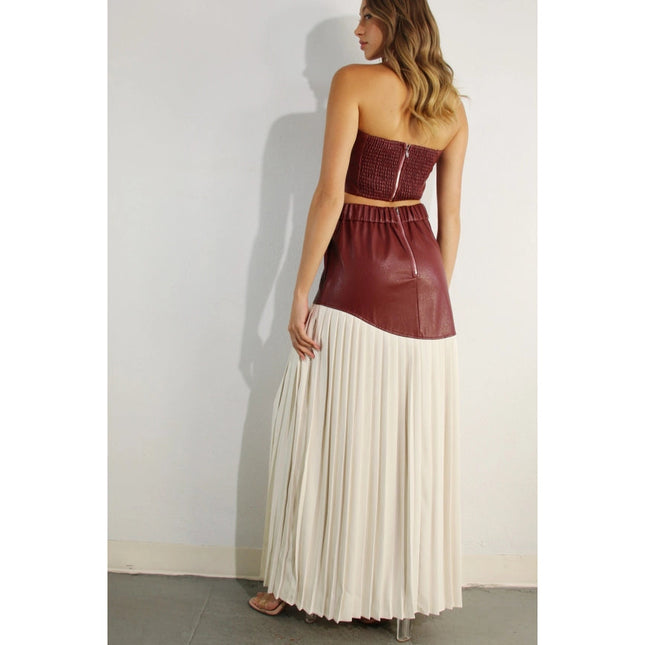 Faux Leather Top And Pleated Slit Skirt Set WINE