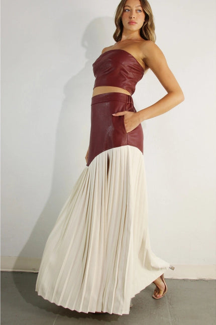 Faux Leather Top And Pleated Slit Skirt Set WINE