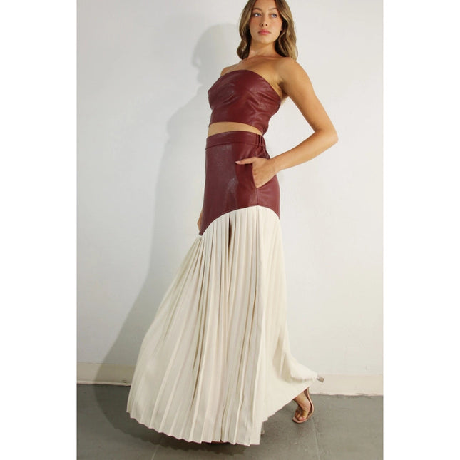 Faux Leather Top And Pleated Slit Skirt Set WINE