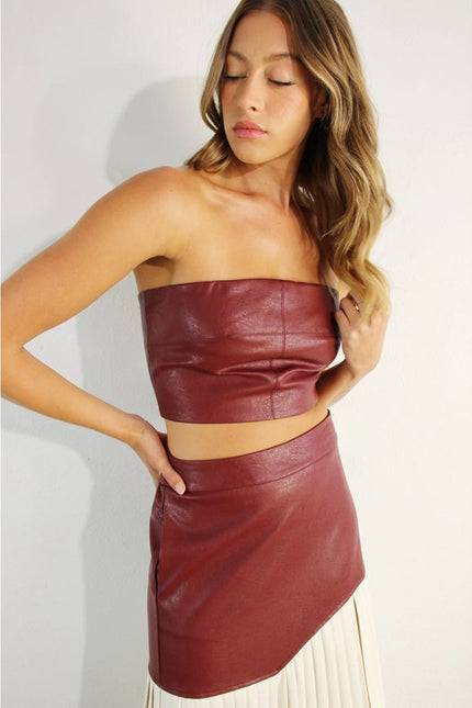 Faux Leather Top And Pleated Slit Skirt Set WINE