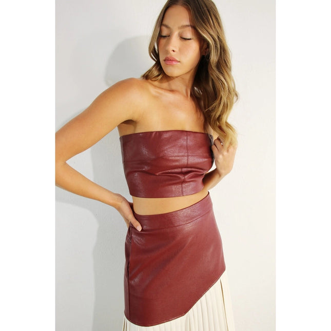 Faux Leather Top And Pleated Slit Skirt Set WINE