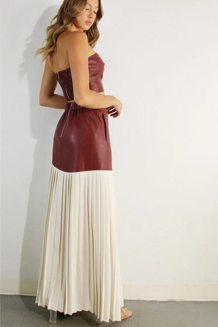 Faux Leather Top And Pleated Slit Skirt Set WINE